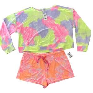 Jenni Womens MISMATCH Long Sleeve TieDye Top & Shorts 2pc PJs Size Large Pink